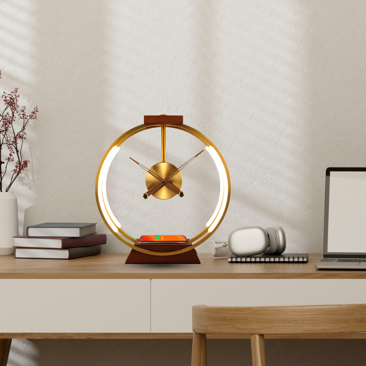 5 in 1 Multifunction Round Analog Clock Desk Lamp - Wireless Charger, 3 Color LED Light and Analog Clock