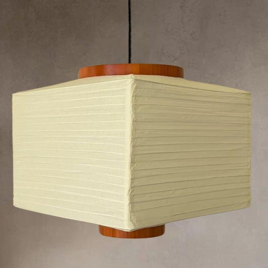 Japanese-inspired square paper lantern pendant light with wooden accents, featuring a soft glow, ideal for minimalist and contemporary spaces.