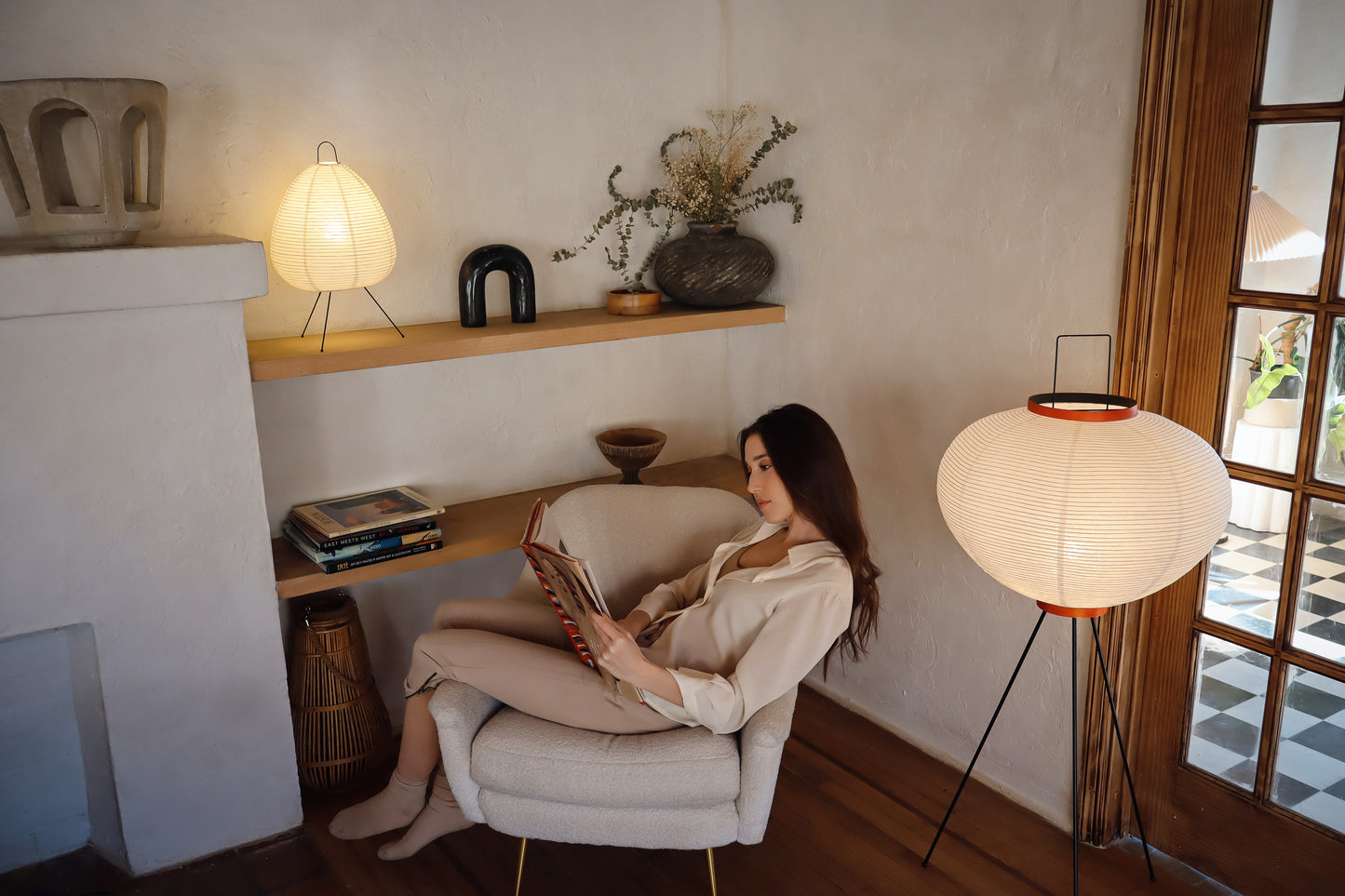 NOGY Akari Round Tripod Floor Lamp, Tripod Washi Paper Floor Lamp, Akari Lamp with Wooden Ring