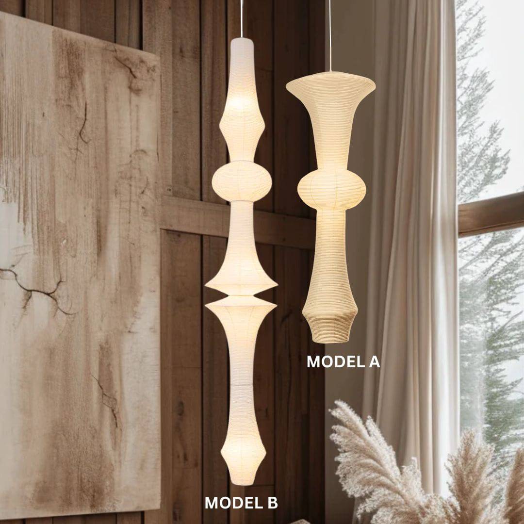 Japanese paper lantern pendant lights in modern, sculptural design featuring Model A and Model B. Large rice paper lamps for elegant home decor, inspired by Noguchi lamp style. Hanging paper lanterns with soft ambient lighting for cozy living spaces.