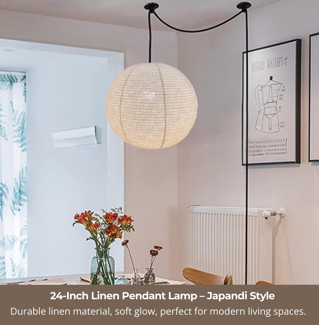 Japanese Style Lantern - Off White Round Linen Pendant - Rice Linen Pendant - NOGY