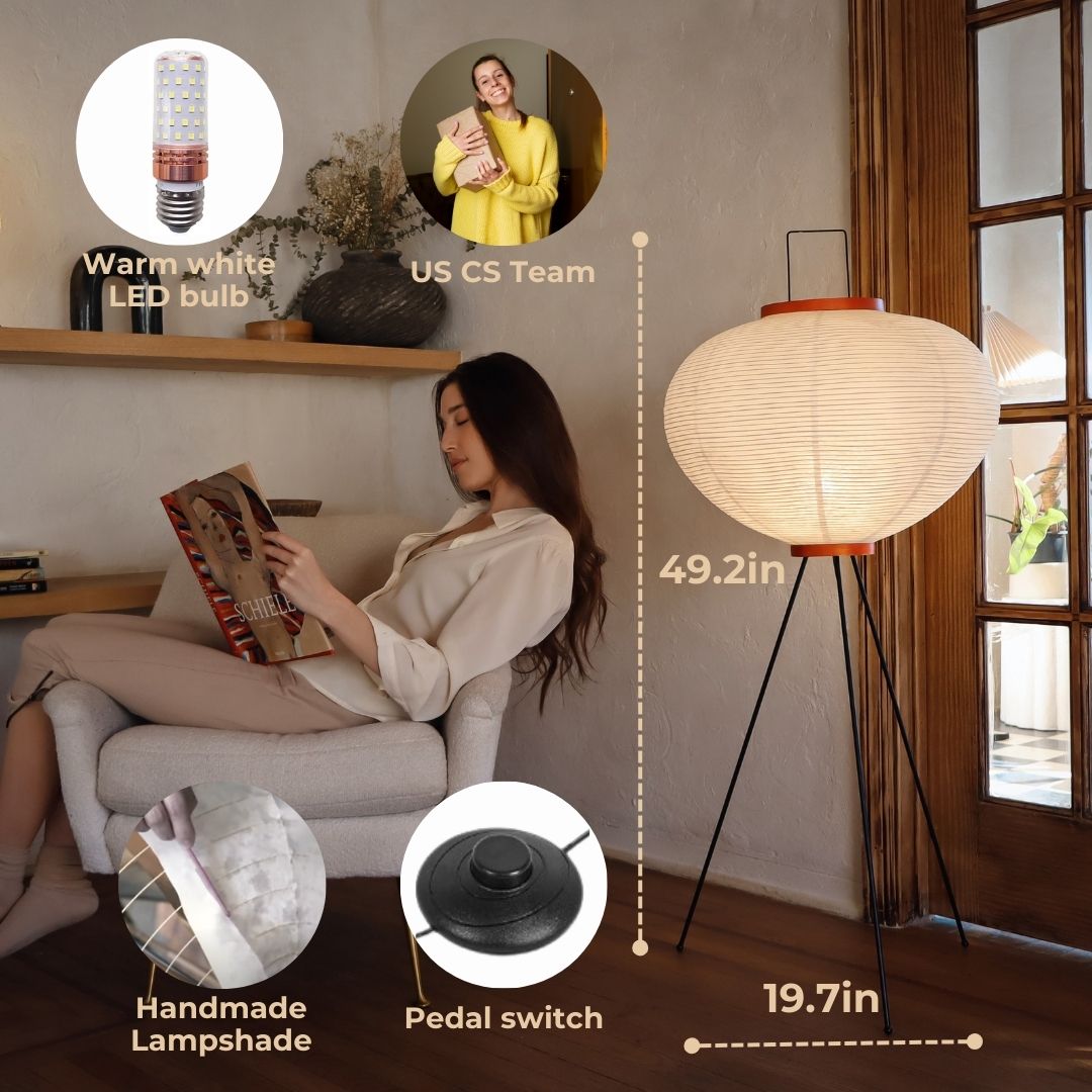 Noguchi Akari paper lamp with handmade shade, warm white LED bulb, pedal switch, and 49.2in height. Ideal for minimalist decor.