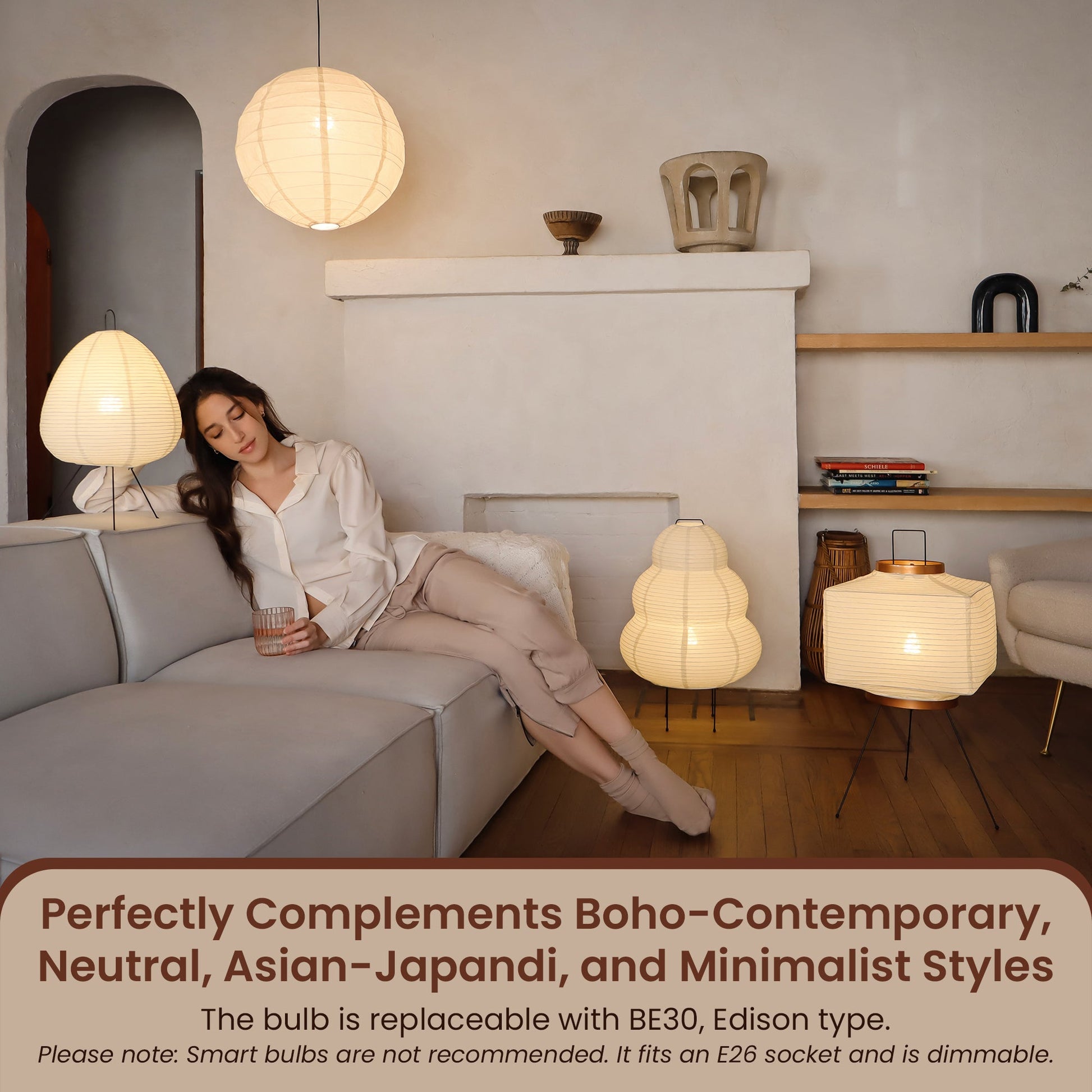 Collection of Noguchi Akari Japanese paper lamps featuring off-white washi paper shades and wooden bases, creating soft, warm lighting. The assortment includes hanging and floor lamps, perfect for minimalist and modern interiors. These traditional Japanese lanterns add a serene ambiance to living room decor.