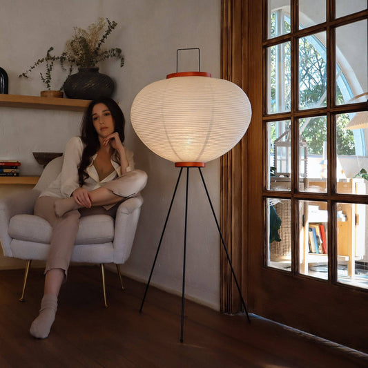 NOGY Akari Round Tripod Floor Lamp, Tripod Washi Paper Floor Lamp, Akari Lamp with Wooden Ring