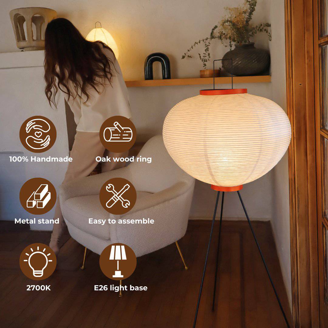 NOGY Akari Round Tripod Floor Lamp, Tripod Washi Paper Floor Lamp, Akari Lamp with Wooden Ring