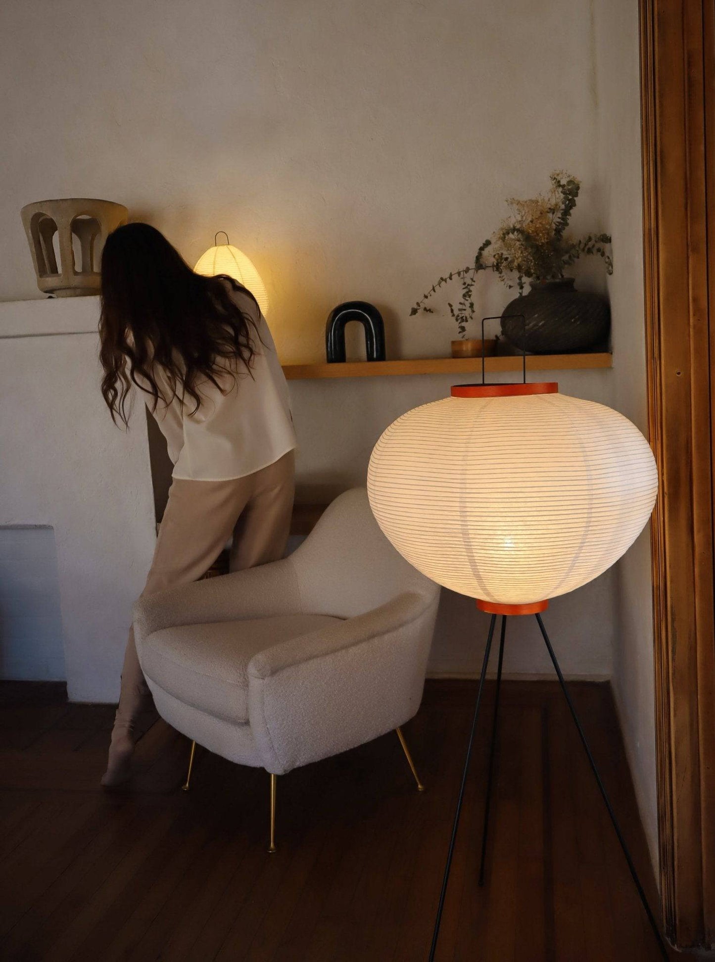 NOGY Akari Round Tripod Floor Lamp, Tripod Washi Paper Floor Lamp, Akari Lamp with Wooden Ring