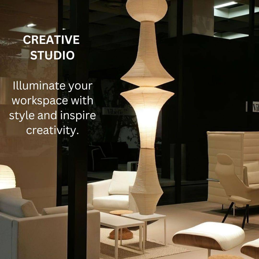 Japanese paper lantern pendant light in a creative studio workspace. Large rice paper lamp with Noguchi-inspired design, providing stylish illumination and inspiring creativity. Modern paper lantern lighting for an elegant and inspiring office environment.