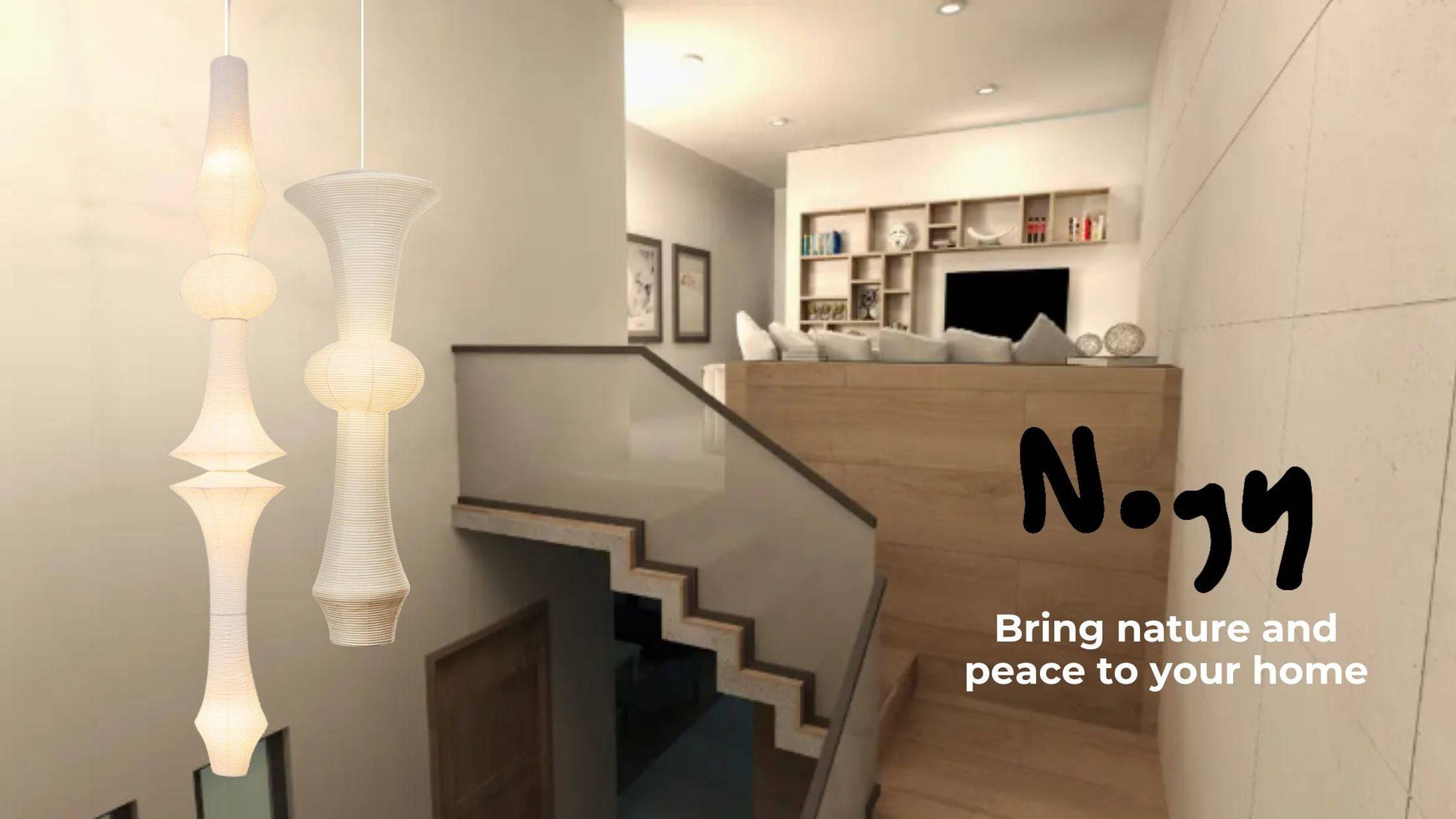 Modern Japanese paper lantern pendant lights hanging in a stairwell area. Rice paper Noguchi-inspired pendant lamps with off-white shades, creating a serene and natural atmosphere in a cozy home setting.