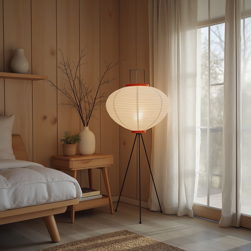 NOGY Round Tripod Floor Lamp, Tripod Washi Paper Floor Lamp, Lamp with Wooden Ring - NOGY