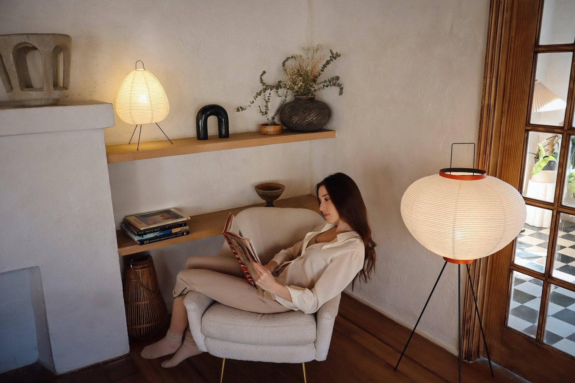 NOGY Round Tripod Floor Lamp, Tripod Washi Paper Floor Lamp, Lamp with Wooden Ring - NOGY